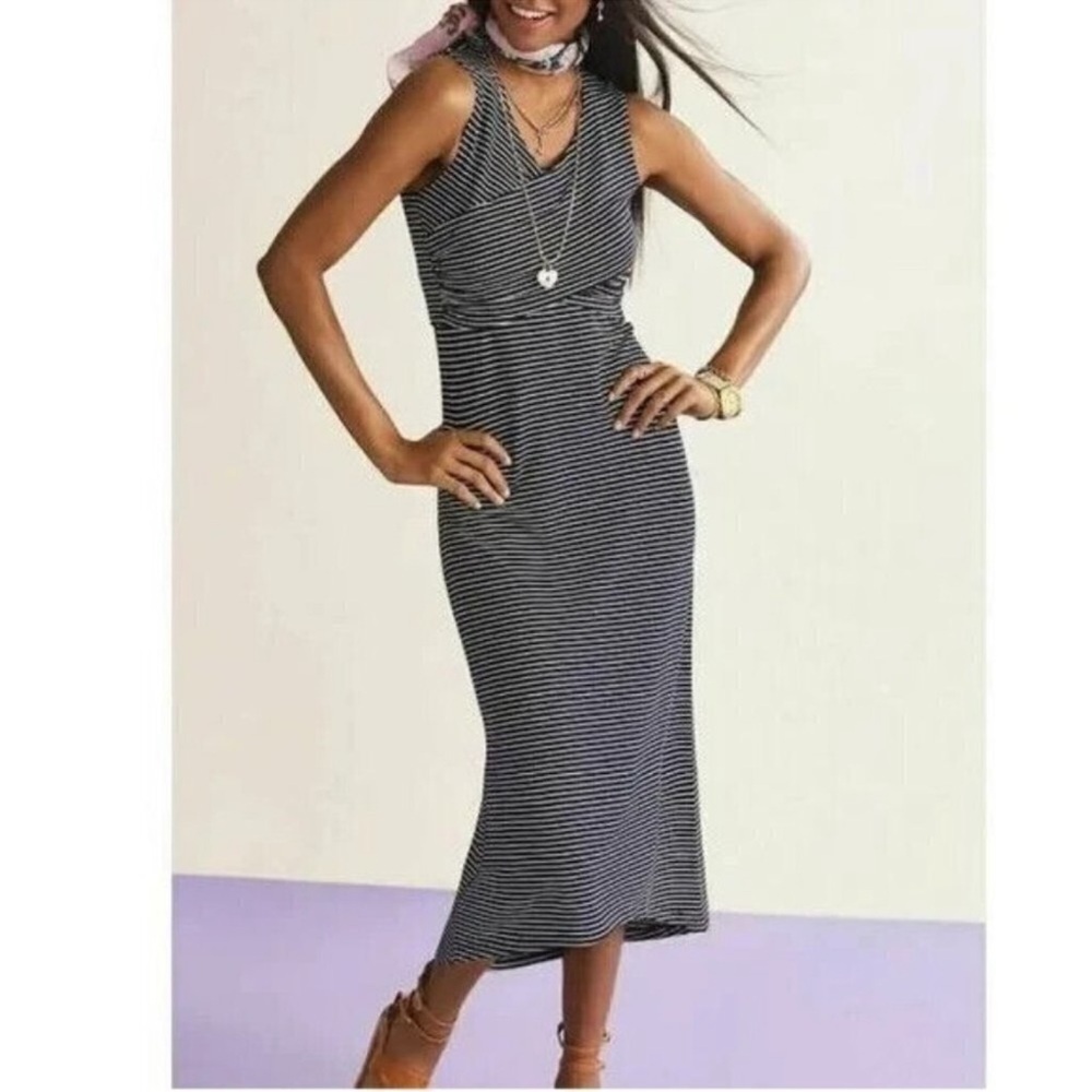 Cabi Navy & White Striped Crossover Jersey Stretch Launch Midi Dress